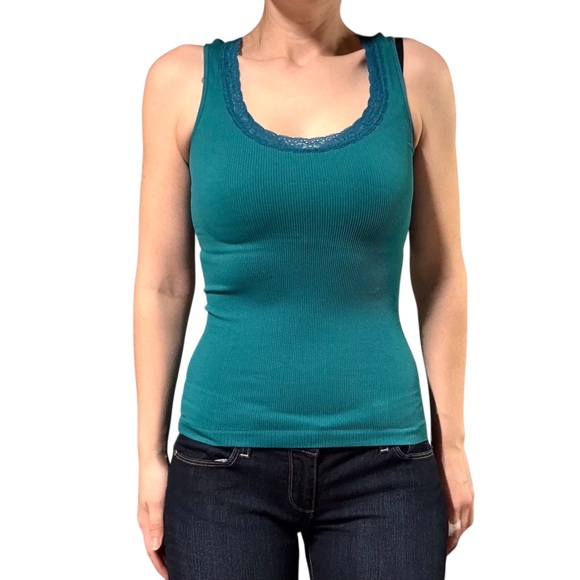 Energie | Y2K Teal Blue Lace Trim Thick Stretch Compression Tank Top - Picture 2 of 7